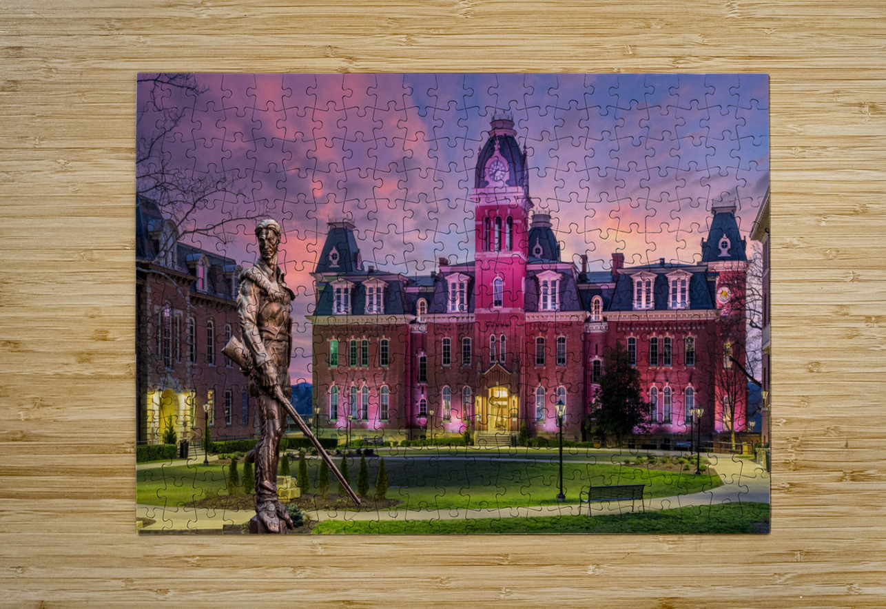 Mountaineer statue in front of Woodburn Hall at WVU Steve Heap Puzzle printing