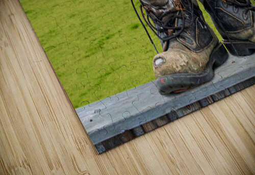 Pair of old hiking boots turned into plant pots with hill walkin Steve Heap puzzle