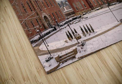 Sunset over snow covered Woodburn Hall at WVU Steve Heap puzzle