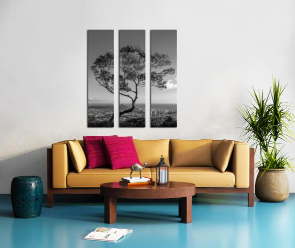 Solitary tree overlooks Waikiki in Black and White Split Canvas print