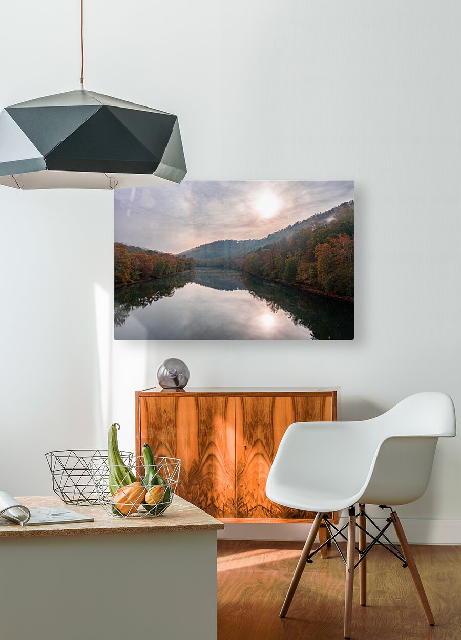 Calm Tygart River by Valley Falls on a misty autumn day  HD Metal print with Floating Frame on Back