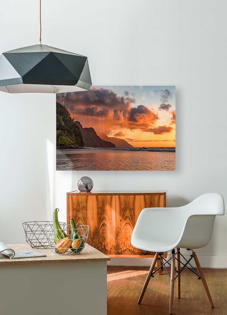 Sunset over the receding mountains of the Na Pali coast of Kauai in Hawaii  HD Metal print with Floating Frame on Back