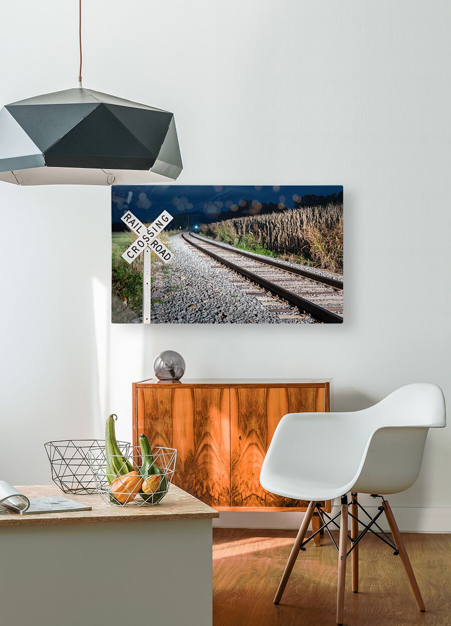 Oncoming train with railroad crossing sign  HD Metal print with Floating Frame on Back