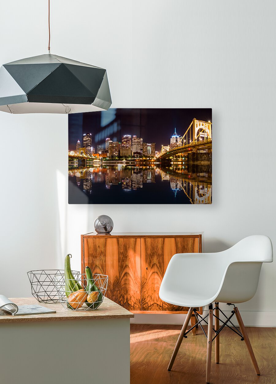 City Skyline of Pittsburgh at night  HD Metal print with Floating Frame on Back