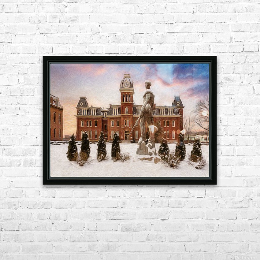 Pastel Mountaineer statue against Woodburn Hall HD Sublimation Metal print with Decorating Float Frame (BOX)
