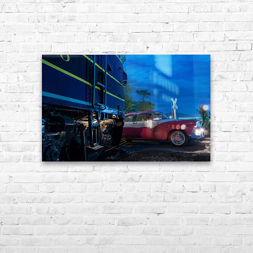 Vintage car racing at railroad crossing HD Sublimation Metal print with Decorating Float Frame (BOX)