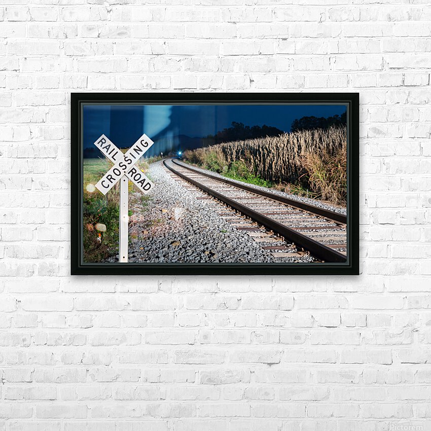 Oncoming train with railroad crossing sign HD Sublimation Metal print with Decorating Float Frame (BOX)