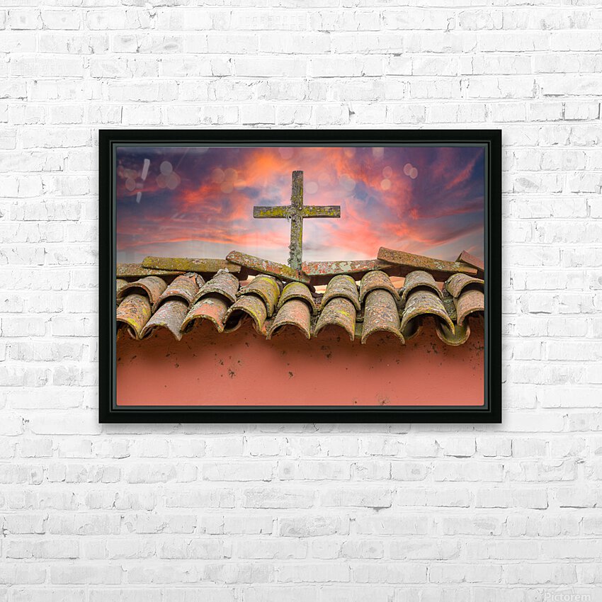 Wooden cross against brilliant sunrise at mission in California HD Sublimation Metal print with Decorating Float Frame (BOX)