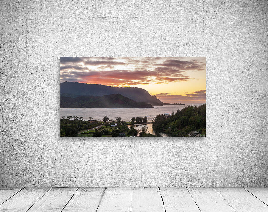 Dramatic aerial view of sunset over Hanalei Bay landscape Wall Preview