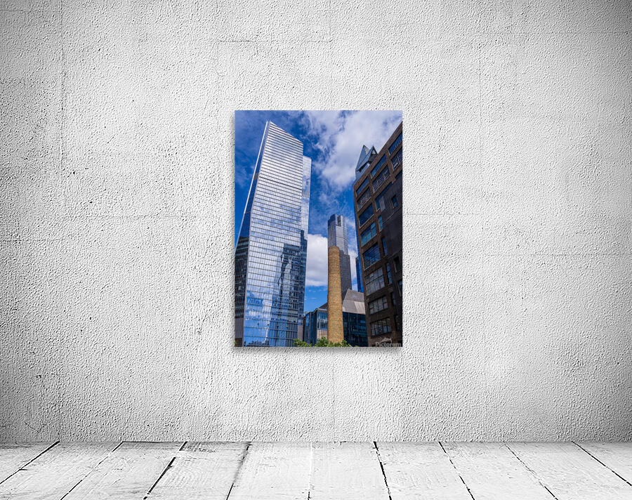 Looking up at modern buildings by brick chimney in Hudson Yards Wall Preview