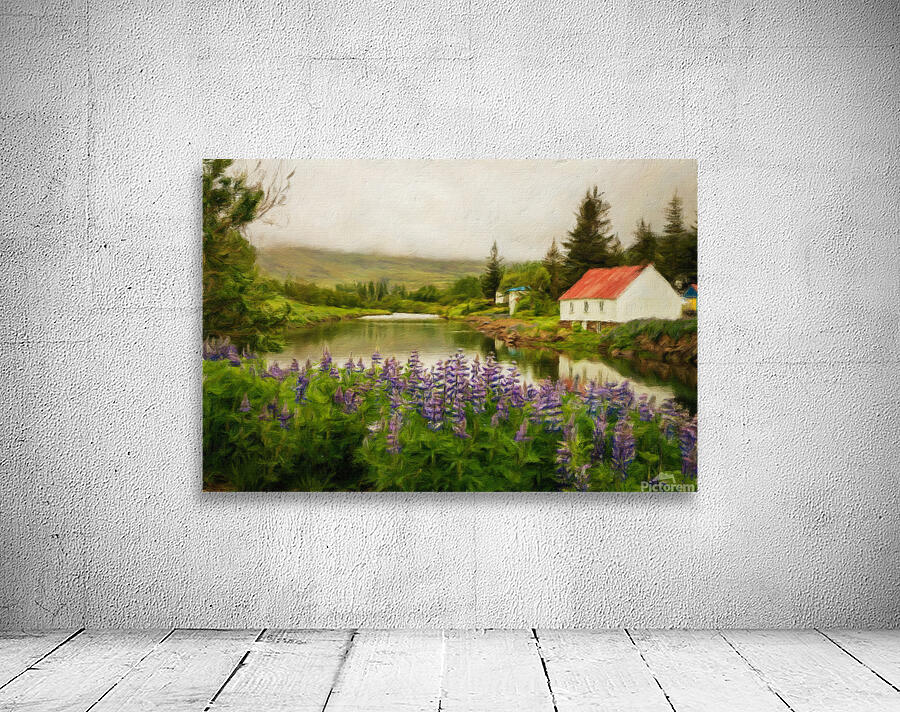 Peaceful scene in Seydisfjordur of river flowing from misty moun Wall Preview