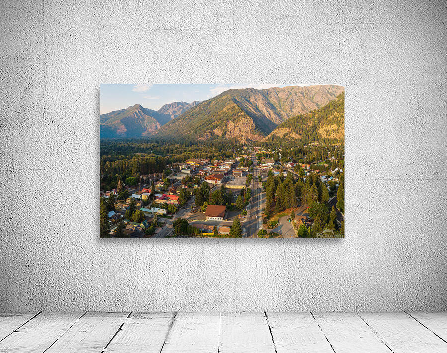 Aerial view of Leavenworth the Bavarian Alpine village in Casca Wall Preview