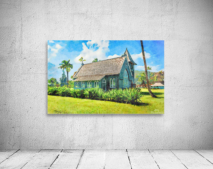 Watercolor painting of Mission or Green Church in Hanalei Kauai Wall Preview
