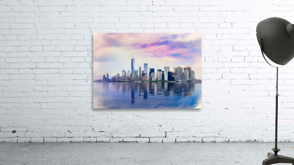 Pastel digital painting of panorama of Manhattan with calm water