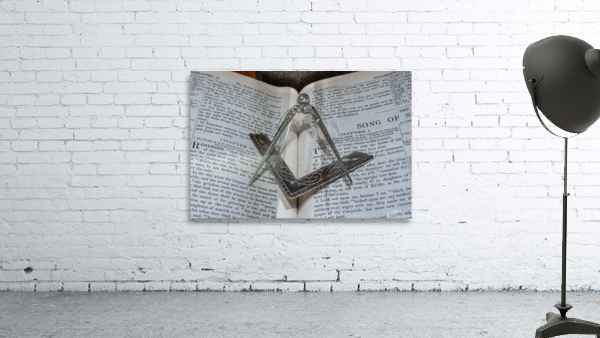 Silver square and compass on Bible for Freemasons Wall Preview