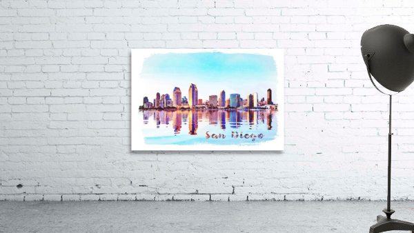 Watercolor painting of San Diego Skyline at sunset from Coronado by Steve Heap