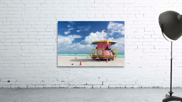 Round pink lifeguard station on Miami beach by Steve Heap