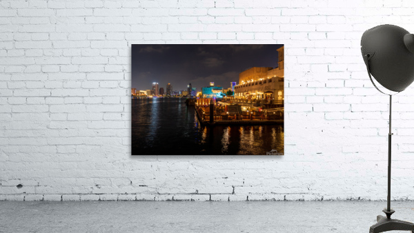 The Creek by Bur Dubai and Al Seef at night with waterfront rest Wall Preview