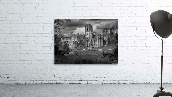 Monochrome view of Fountains Abbey ruins in Yorkshire England by Steve Heap