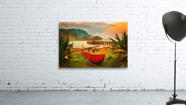 Painting of Hawaiian canoe by Hanalei Pier by Steve Heap