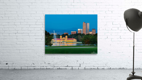 Skyline of Denver at dawn from City Park with boathouse by Steve Heap