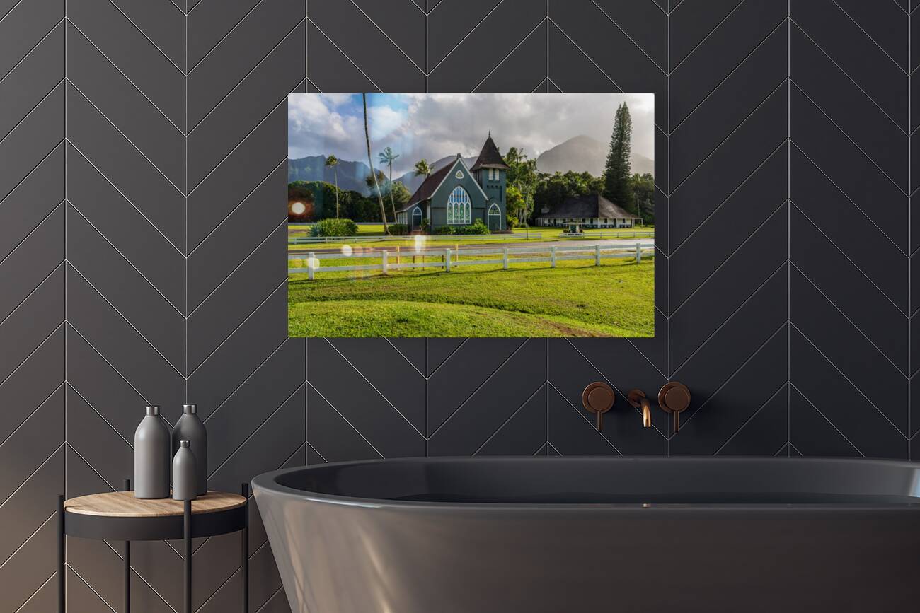 Waioli Huiia Church stands in Hanalei Kauai with the majestic  Reproduction