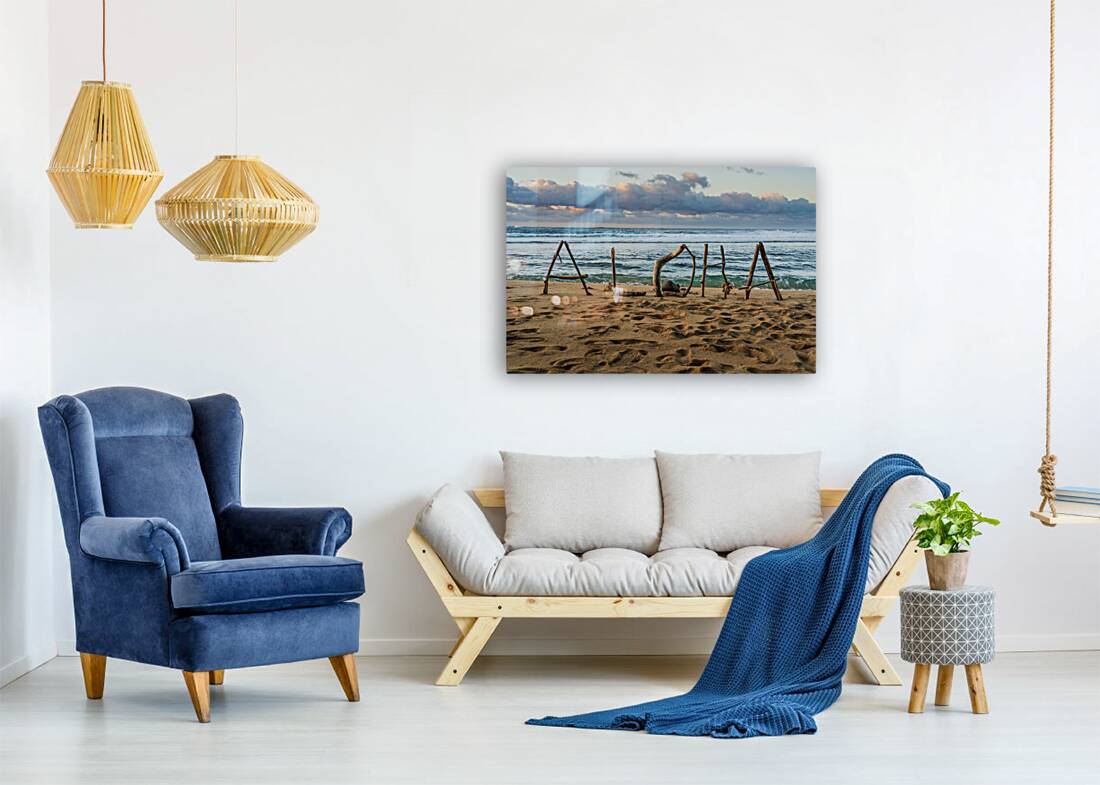 A driftwood greeting spells out a warm welcome with Aloha Kauai Reproduction