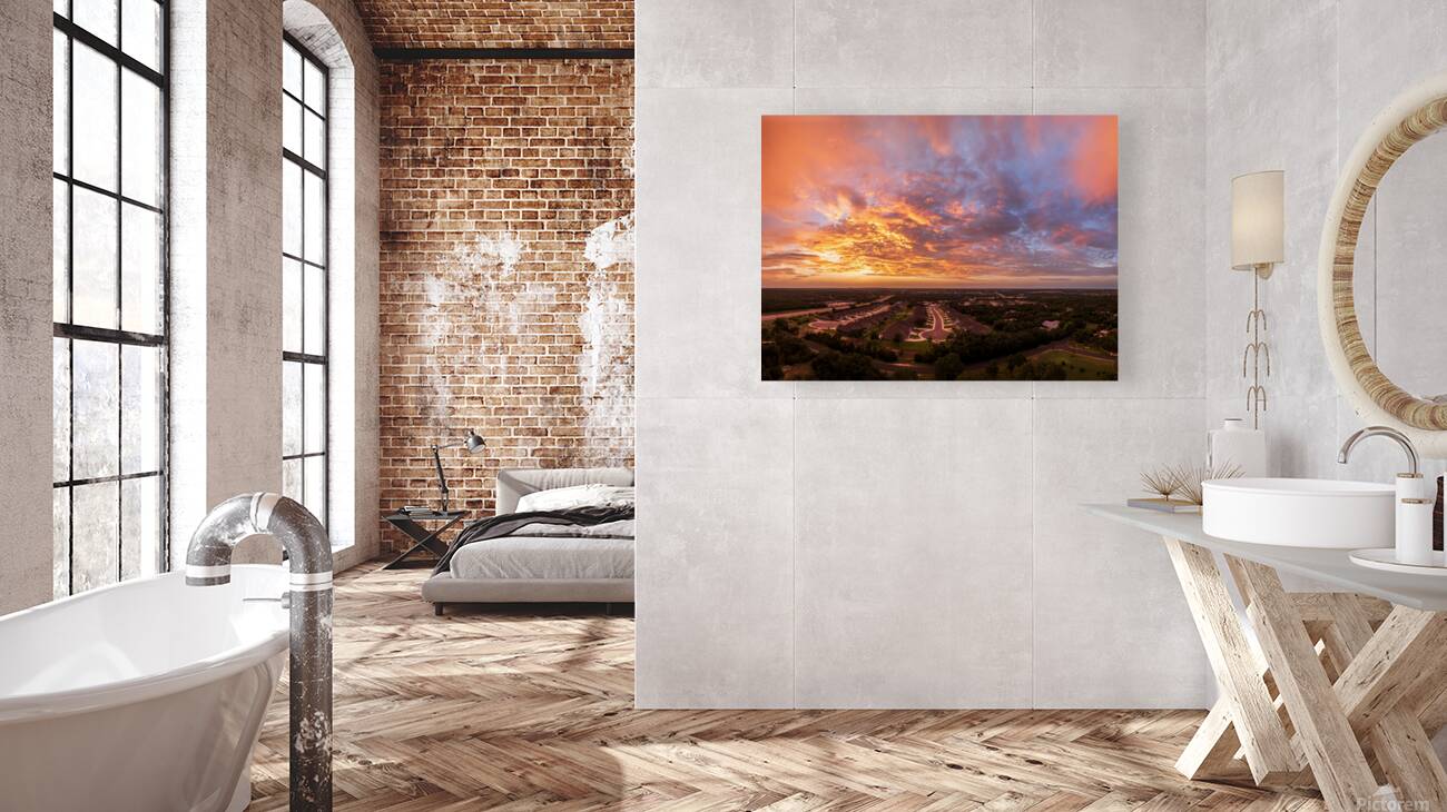 Dramatic sunset seen from drone over Georgetown Texas residentia Reproduction