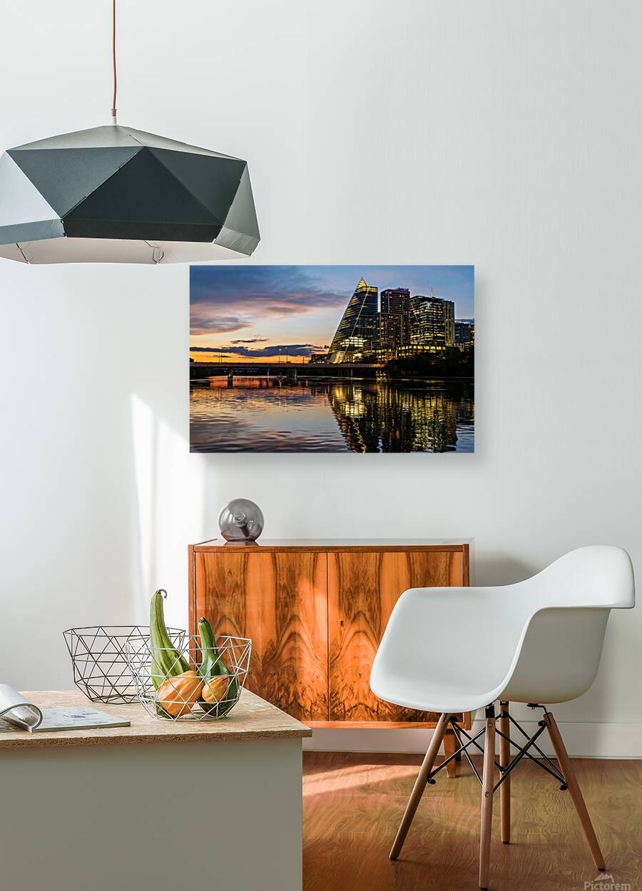 Sail like building with modern office blocks in Austin Texas sky Reproduction