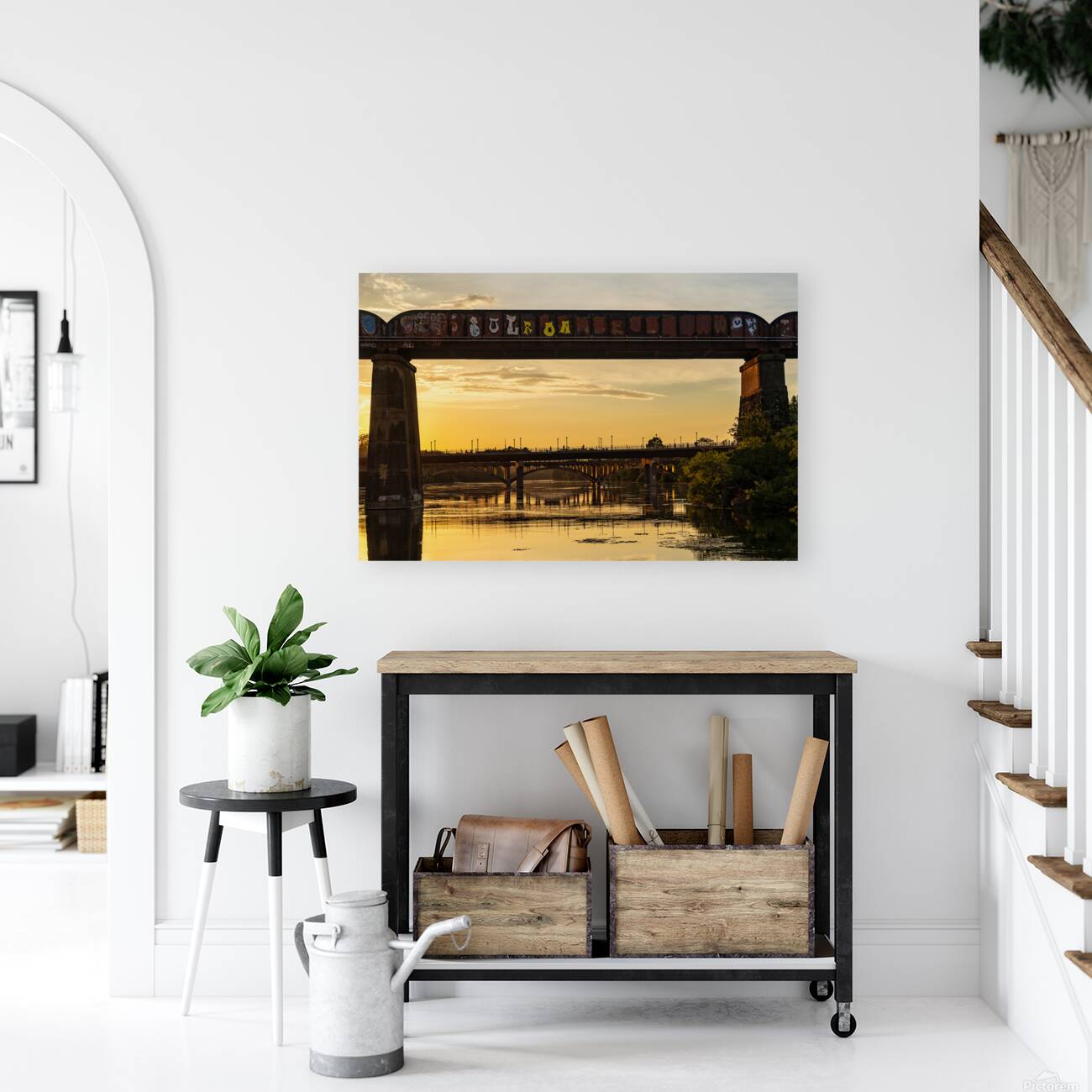 Bridges behind the railroad bridge in Austin at sunset Reproduction