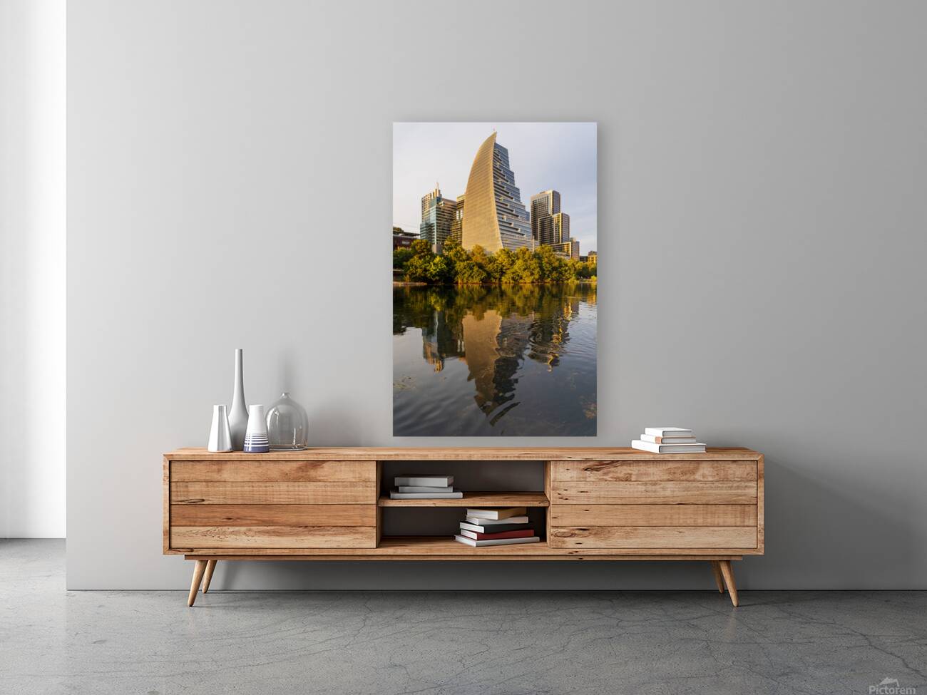 Sail building in the city skyline of Austin Texas in summer 2025 Reproduction