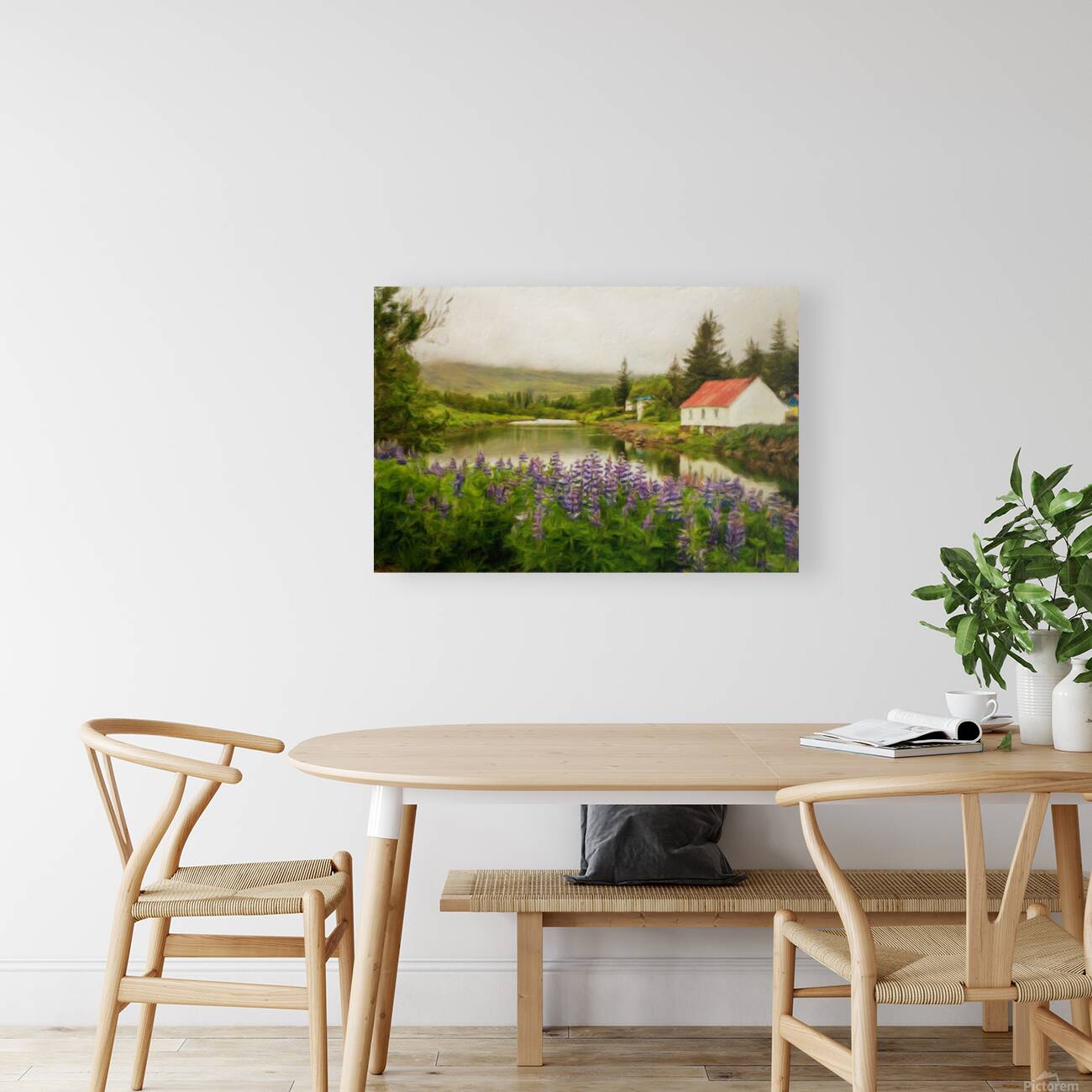 Peaceful scene in Seydisfjordur of river flowing from misty moun Reproduction