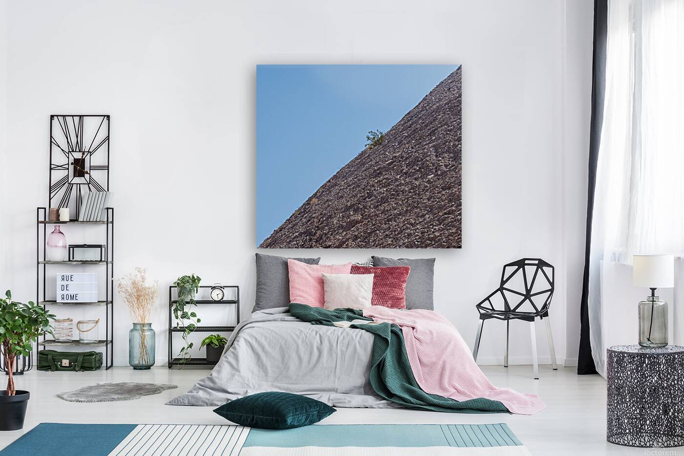 Small bush clinging to life on arid desert hillside in minimalis Reproduction