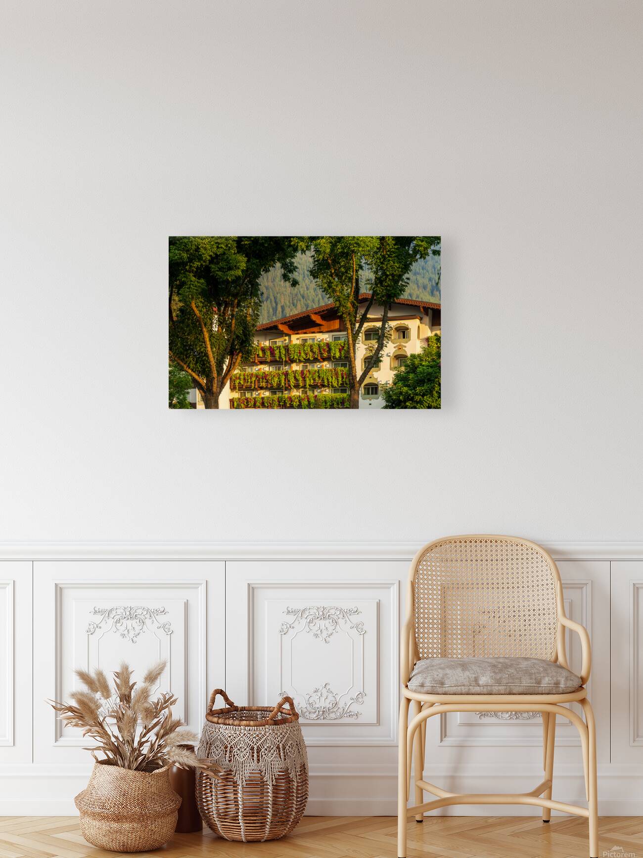 Flower strewn balconies of a hotel in Alpine village of Leavenwo Reproduction