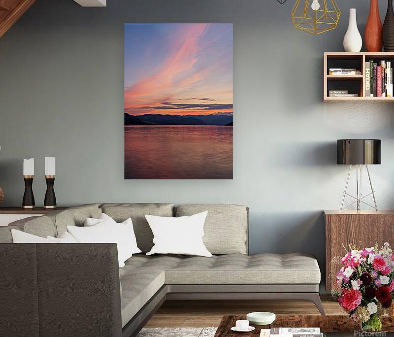 Sunset over Lake Chelan with dramatic sky reflected in long dura Reproduction