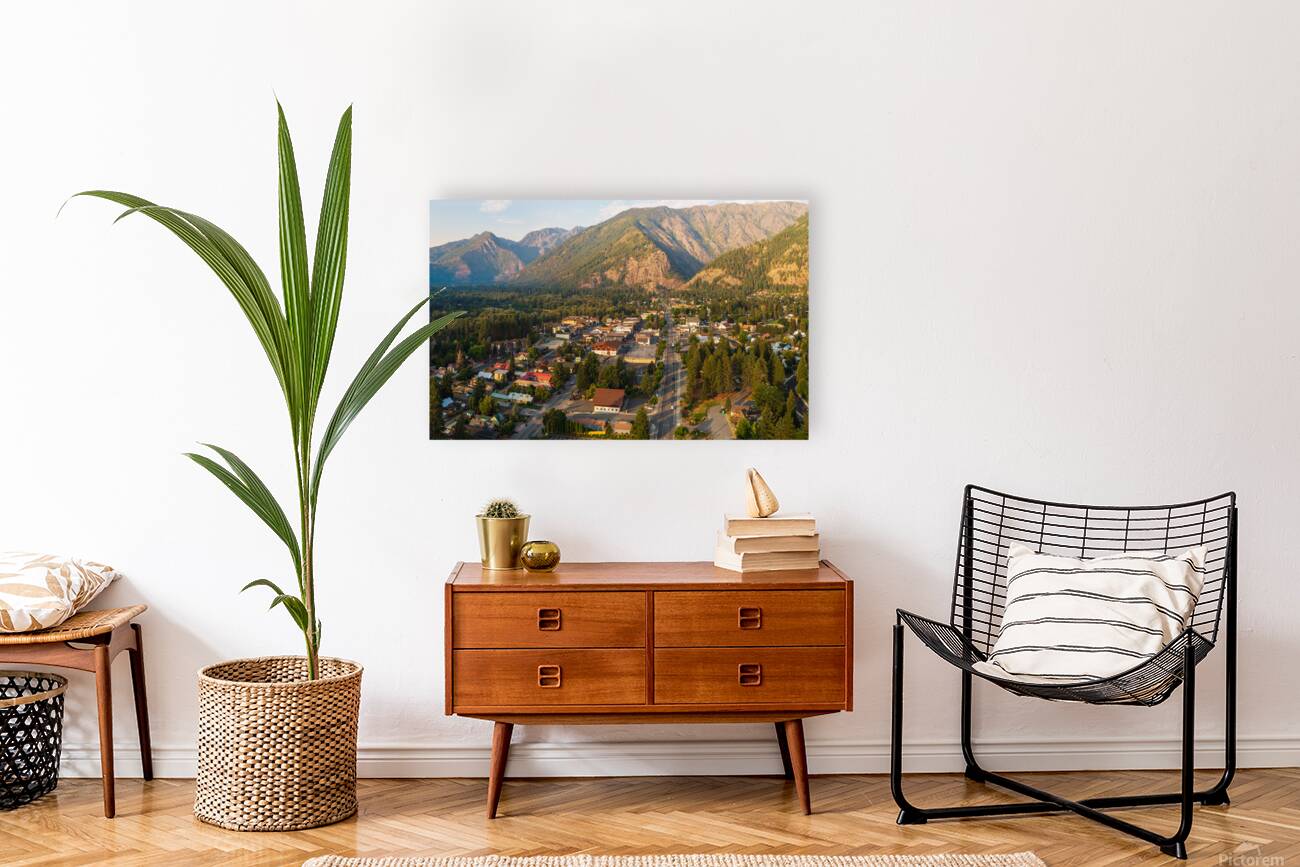 Aerial view of Leavenworth the Bavarian Alpine village in Casca Reproduction