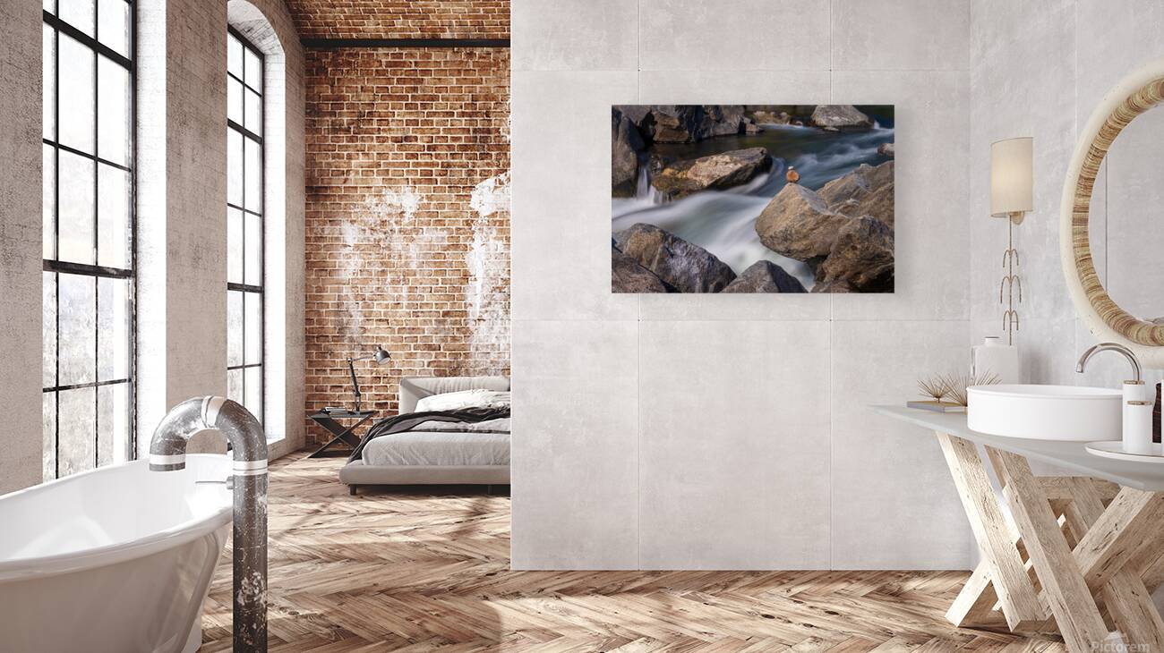 Pebbles balanced on rocks in raging river illustrating resilienc Reproduction