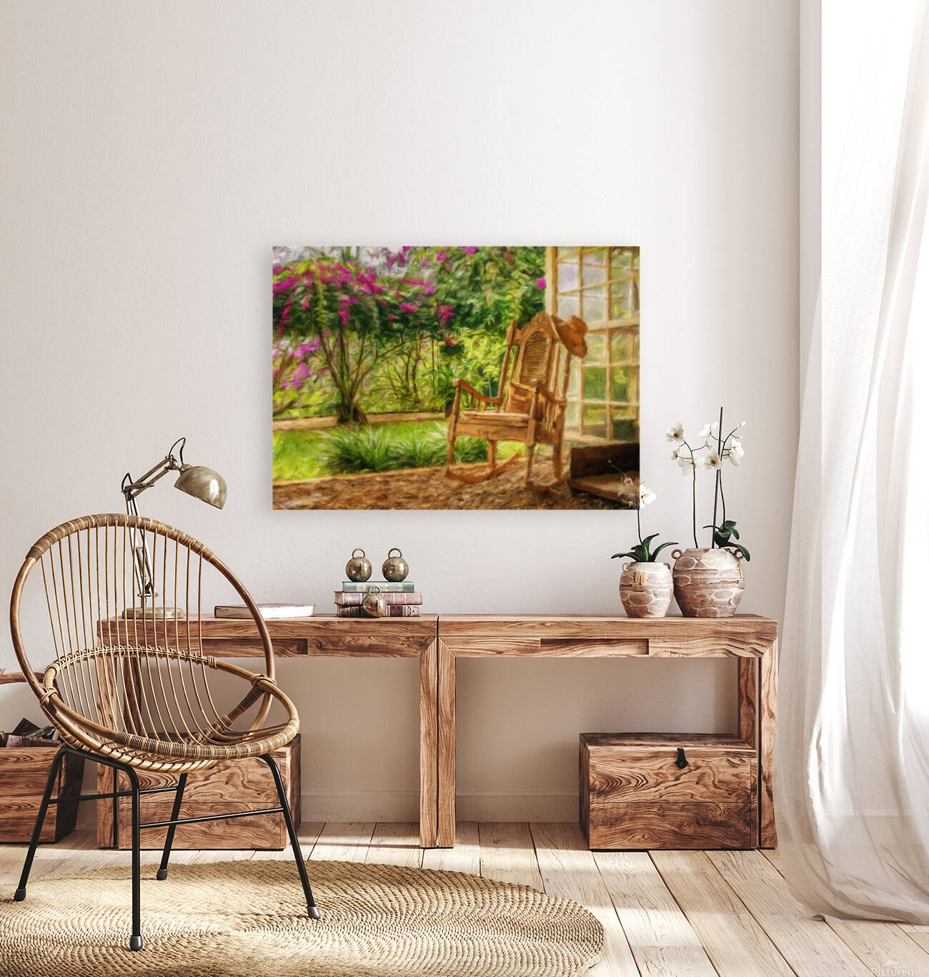 Oil painting of vintage wooden rocking chair with a straw hat re Reproduction