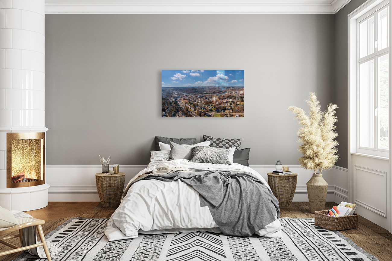 Aerial drone view of the downtown and university in Morgantown Reproduction