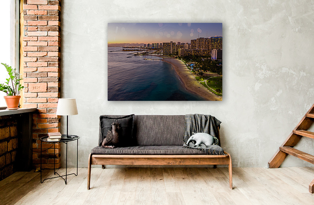 Aerial view of Waikiki beach at sunset Reproduction