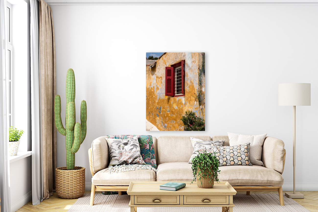 Red shutters on window in Anafiotika in Athens Reproduction