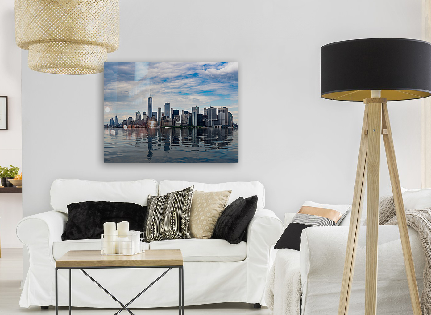 Panorama of Manhattan with calm artificial water  back frame mount