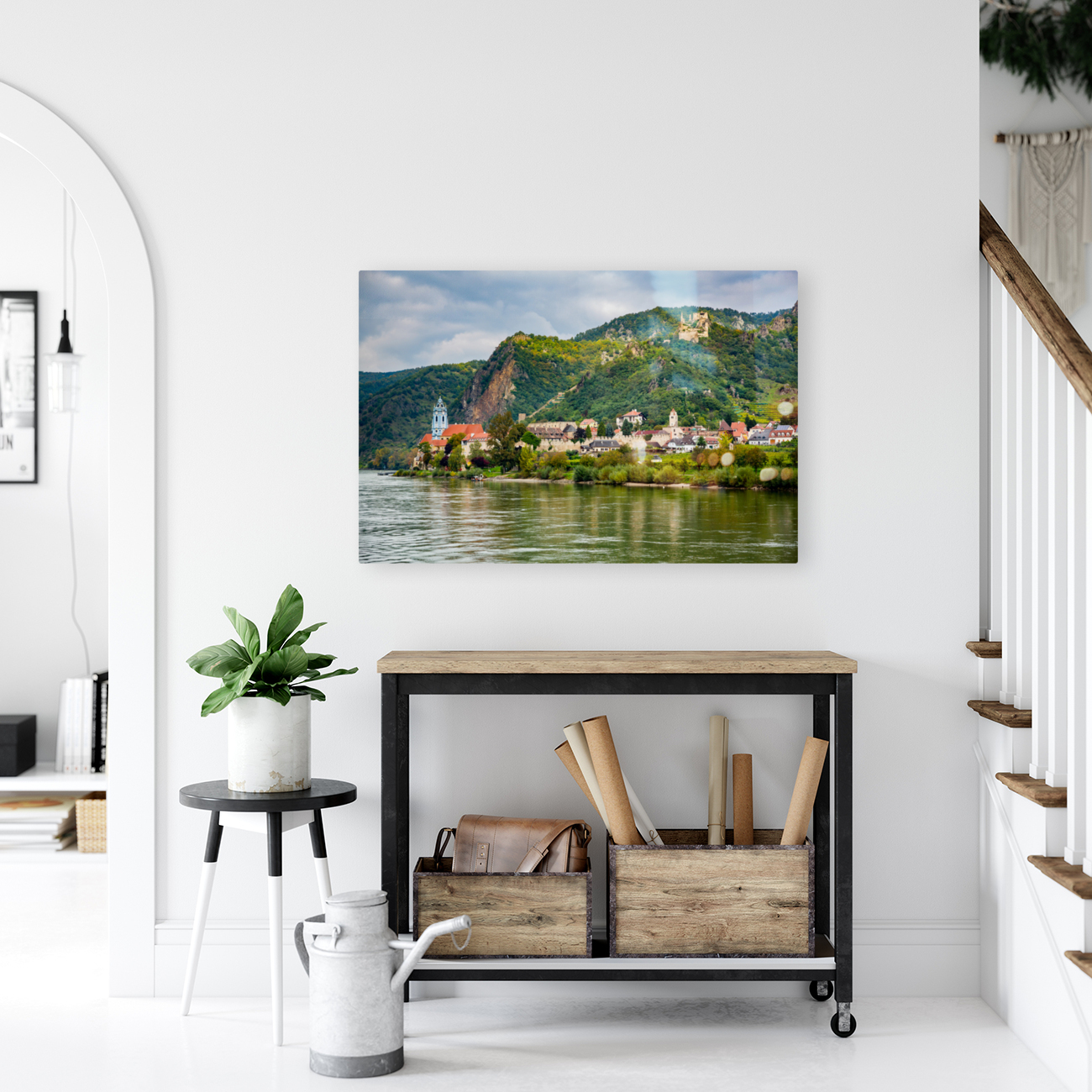 Ancient town of Durnstein in Austria on riverbank Reproduction