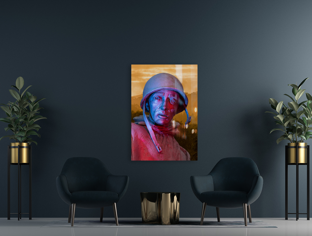 Close up of head of soldier statue in jungle Reproduction