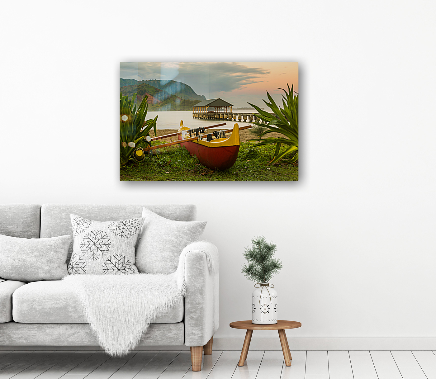 Hawaiian canoe by Hanalei Pier Reproduction