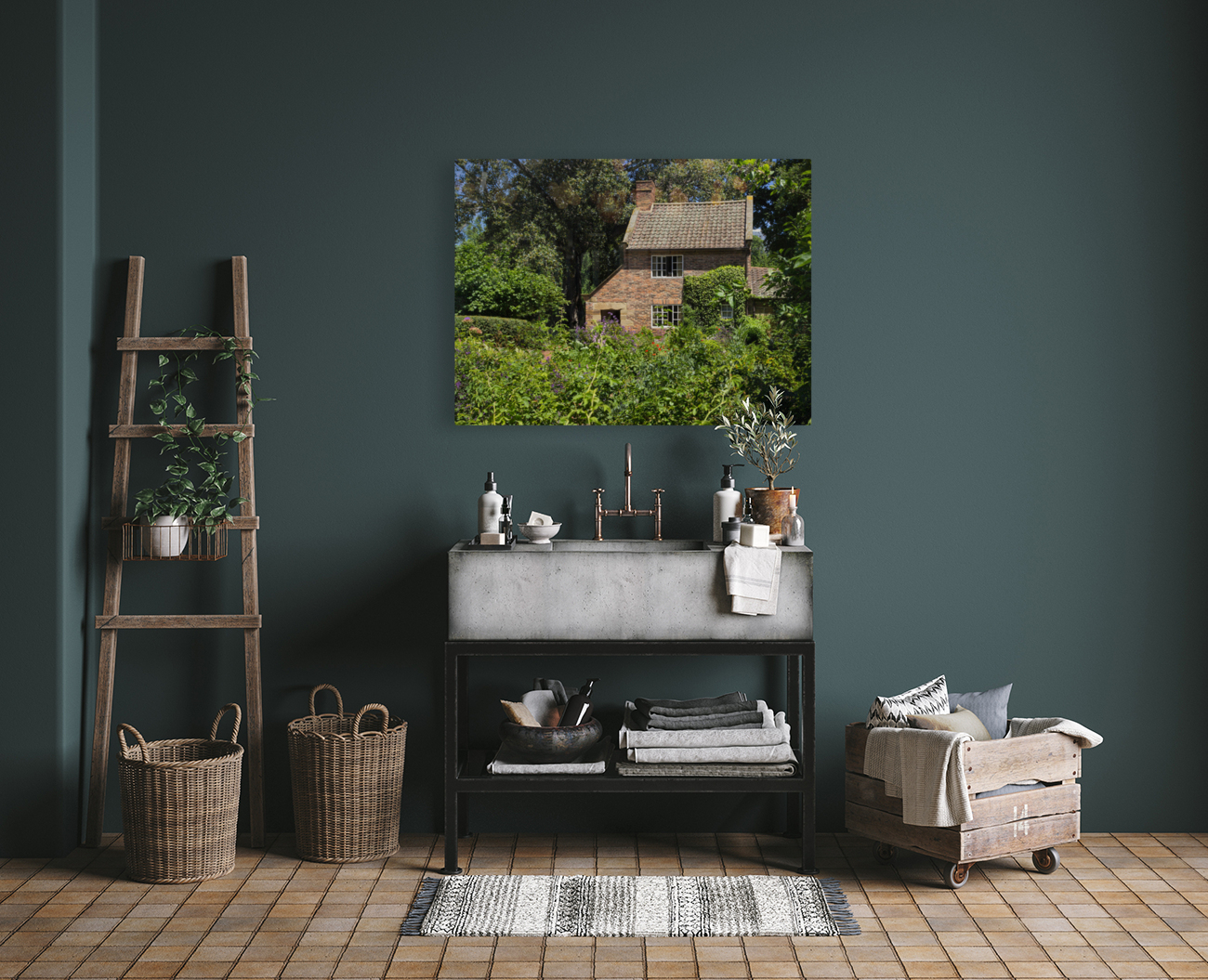 Cottage garden of small brick home Reproduction