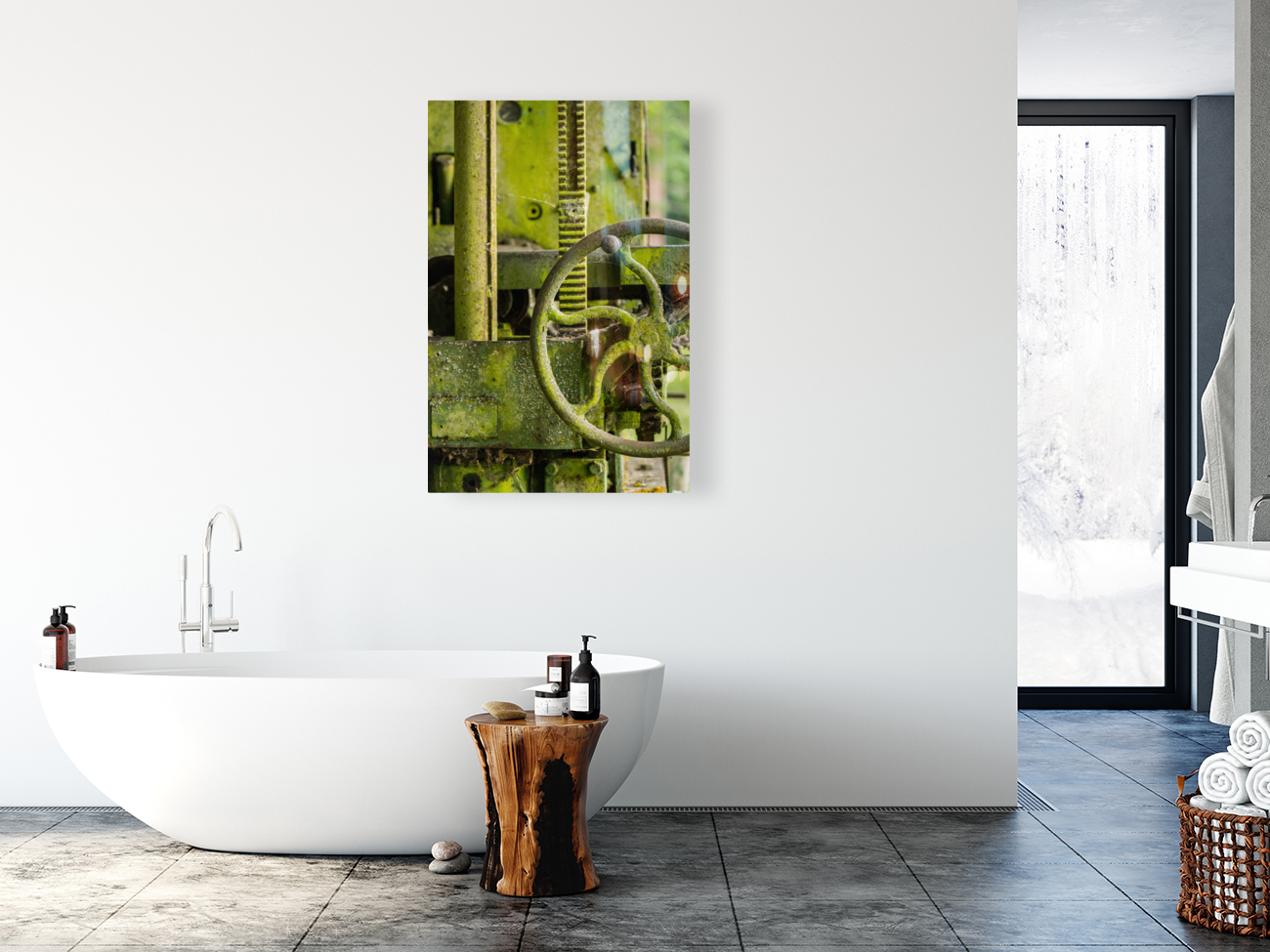 Moss covered farm machinery with handle Reproduction