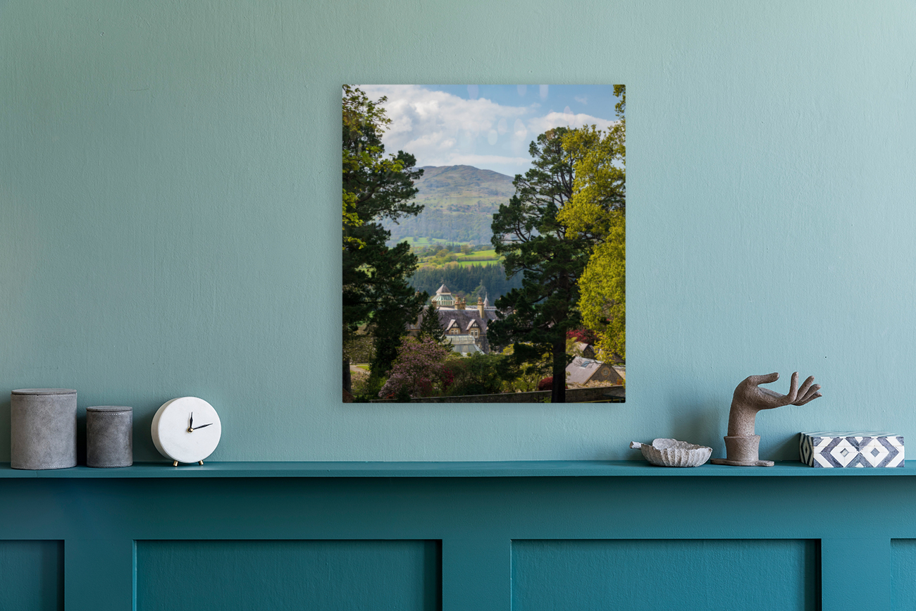 View of the manor house at Bodnant Gardens in North Wales Reproduction