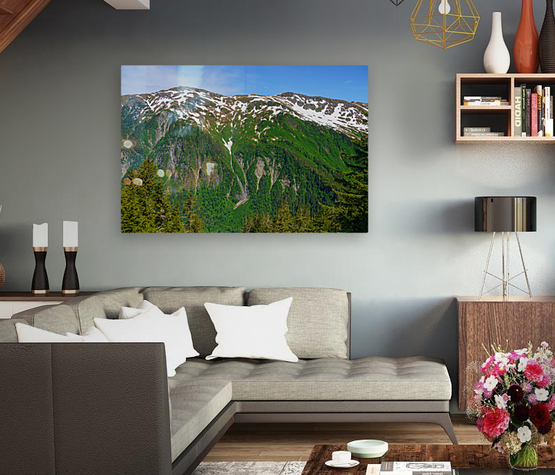 View from Mount Roberts toward Mt Juneau with waterfall in Alask Reproduction