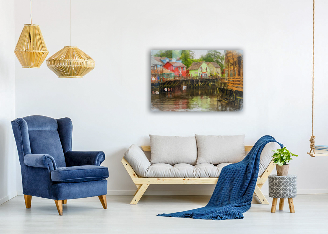 Painting of Creek Street wharf in Ketchikan Alaska Reproduction